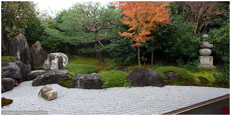 Dry landscape garden with gorinto tombstone in Reigen-in temple, Kyoto, Japan