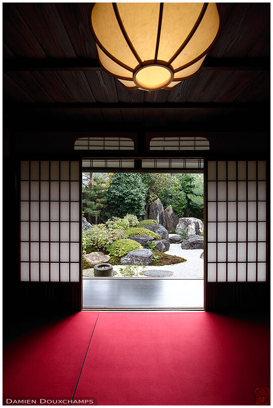View on a dry landscape garden from one of Reigen-in temple tea rooms, Kyoto, Japan