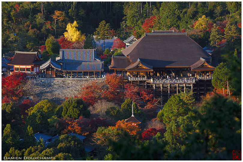 Sunset on the main halls and little pagoda of Kiyomizudera temple, Kyoto, Japan