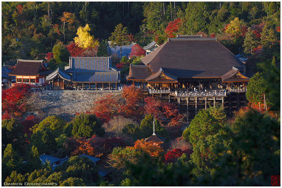 Sunset on the main halls and little pagoda of Kiyomizudera temple, Kyoto, Japan