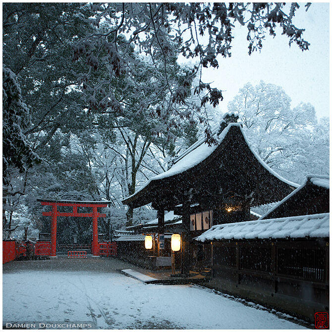 Snowy early winter morning at the entrance of Kawaii shrine, Kyoto, Japan