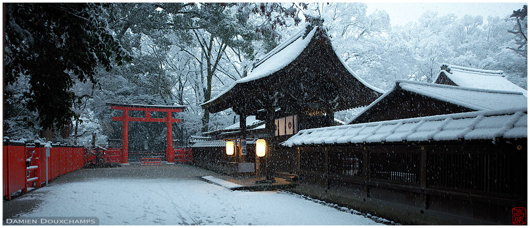 Kawai shrine entrance on an early snowy morning, Kyoto, Japan