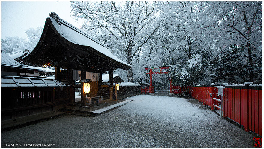 Early winter morning at the entrance of the Kawai shrine, Kyoto, Japan