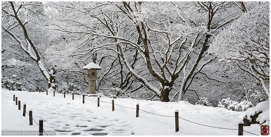Lone stone lantern in winter wonder garden, Hokuryu-en, Kyoto, Japan