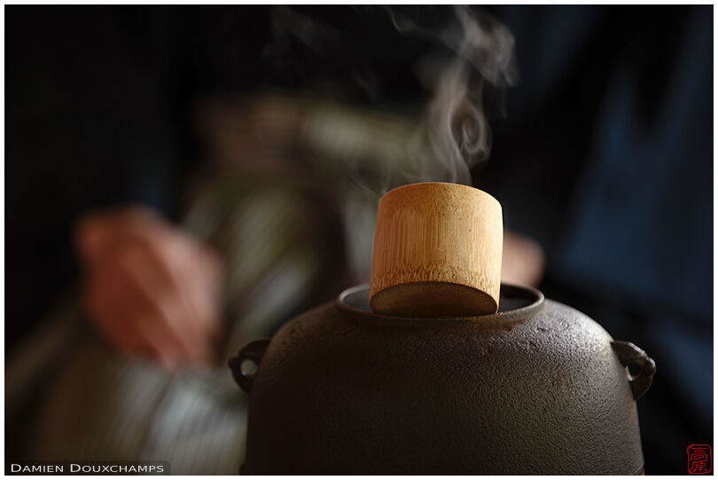 Smoking water pot with bamboo ladle during tea ceremony in Shodensanso, Kyoto, Japan
