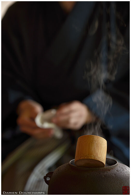 Hot water pot with bamboo ladle during tea ceremony in Shodensanso, Kyoto, Japan
