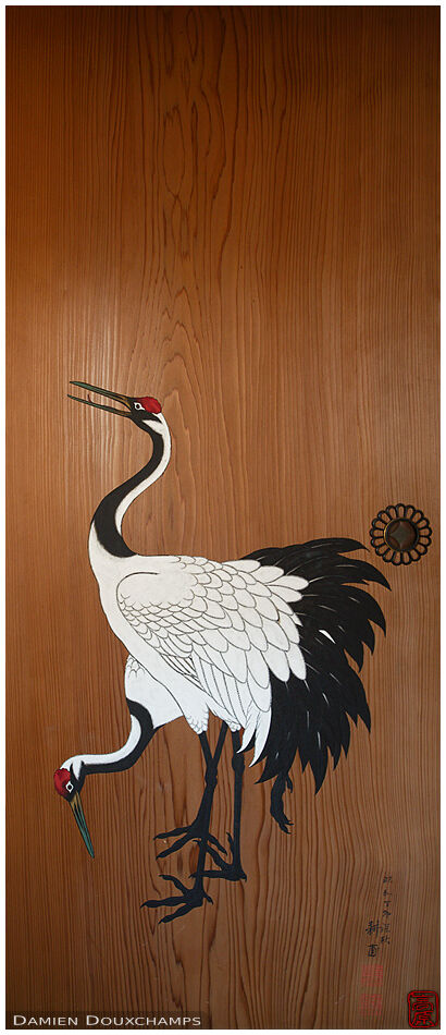 Crane painting on a sliding fusuma door in Shōdensan-sō, Kyoto, Japan