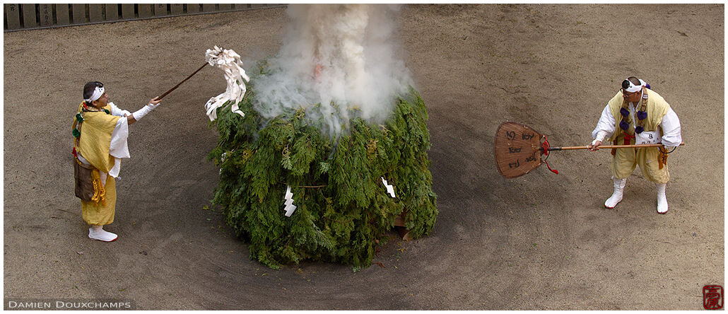 Rituals during the fire festival of Tanikudani-san Fudoin temple, Kyoto, Japan