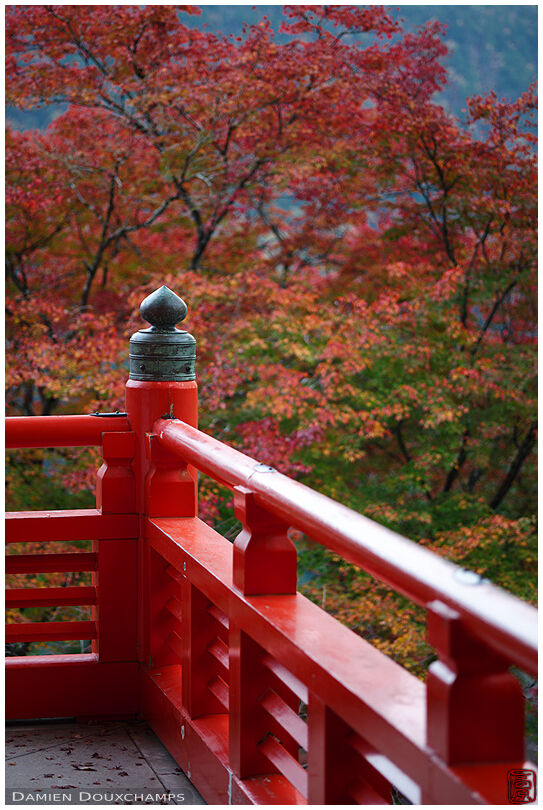 Terrace baluster detail during autumn season in Kurama-dera temple, Kyoto, Japan