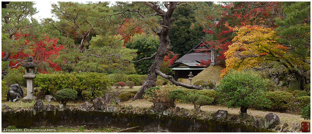 Tea house hiding in the wide expanse of Shodensanso garden, Kyoto, Japan