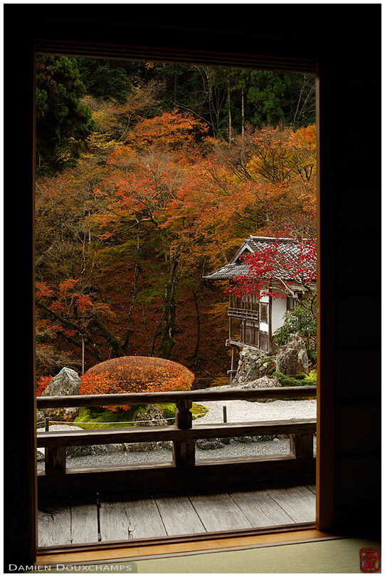 Orange autumn colours surrounding traditional Japanese building precariously perched on a cliff in Amida-ji temple, Kyoto, Japan