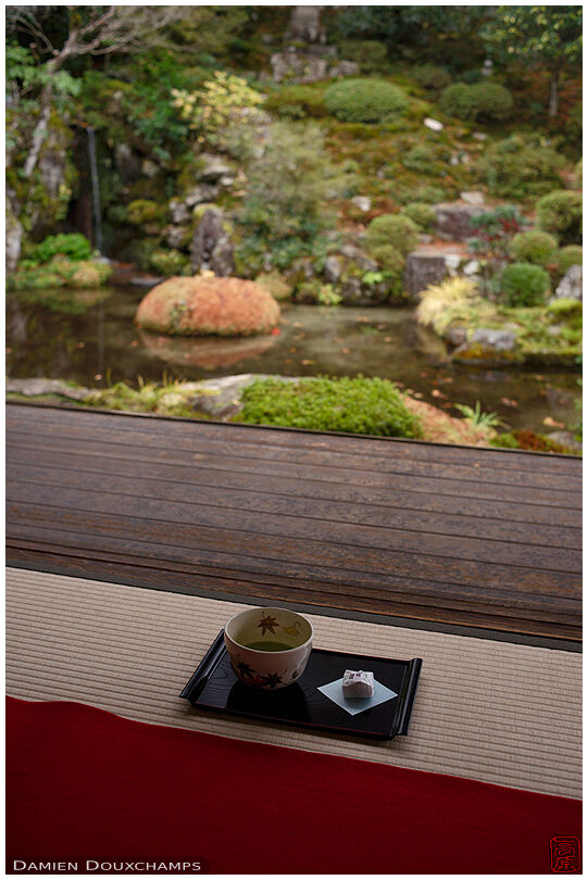 Maccha tea and sweet while viewing the intimate pond garden of Jikko-in temple, Kyoto, Japan