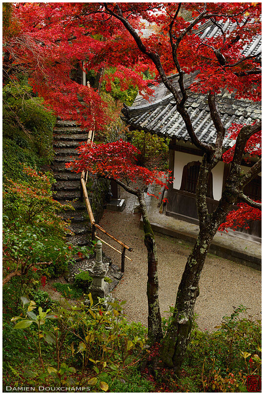 Narrow stairs around a pavilion of Yoshimine-dera temple, Kyoto, Japan