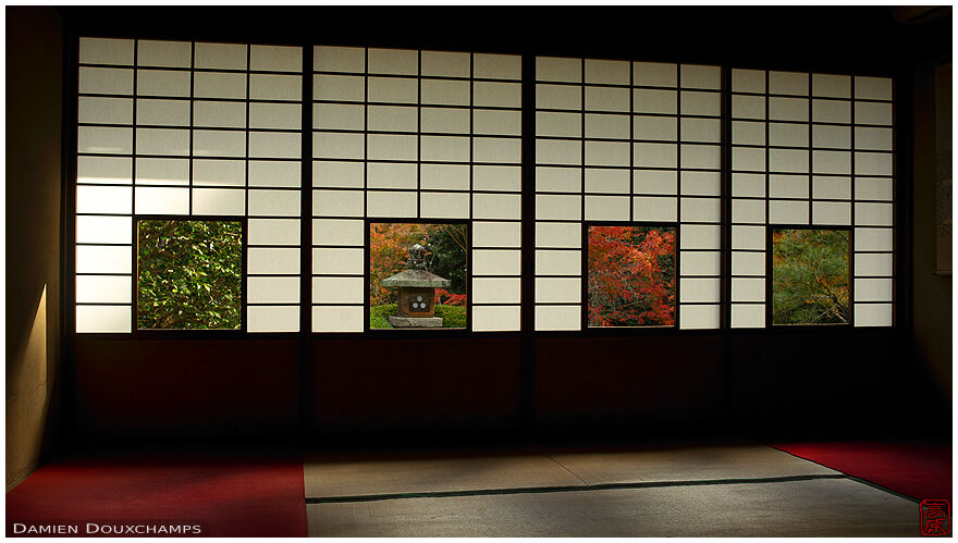 Four windows, four themes: camellia, lantern, maple and pine, in Unryuin temple, Kyoto, Japan