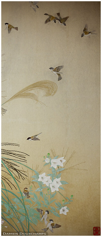 Sparrow, flower and susuki grass painting on a sliding door in Chishaku-in temple, Kyoto, Japan