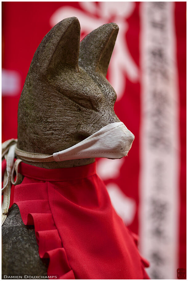 Fox statue wearing a mask during the covid epidemic in Tsurugaoka Hachimangu, Kamakura, Japan