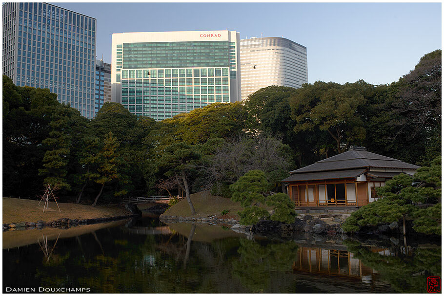 Traditional building on the edge of Hamarikyu garden pond with neighbouring modern buildings in the background, Tokyo, Japan