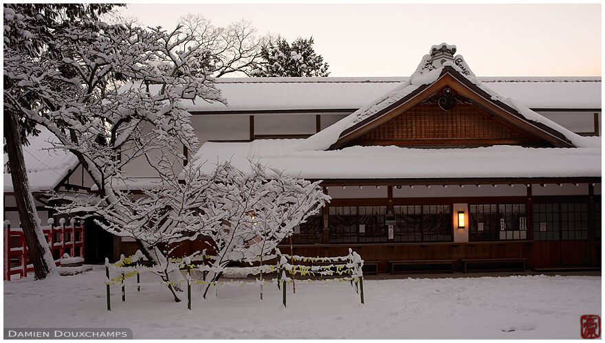Heavy snow on an early morning in Yoshida shrine, Kyoto, Japan