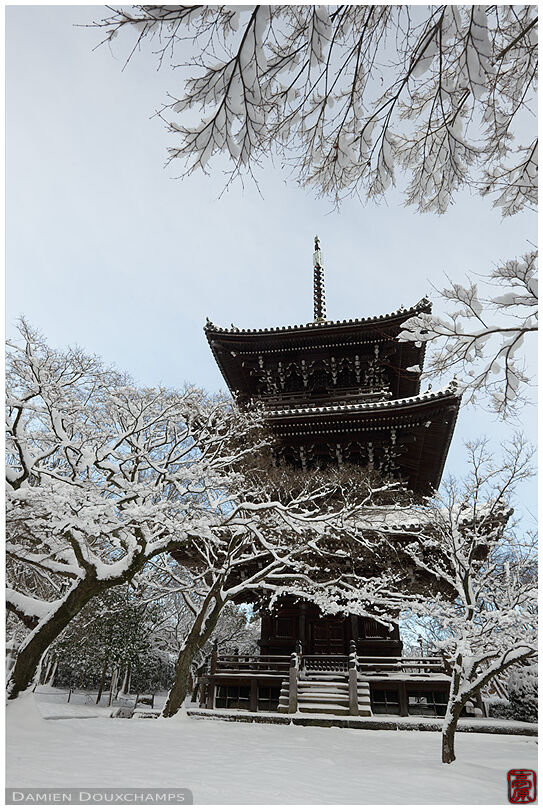 Snow-covered pagoda in Shinyodo temple, Kyoto, Japan