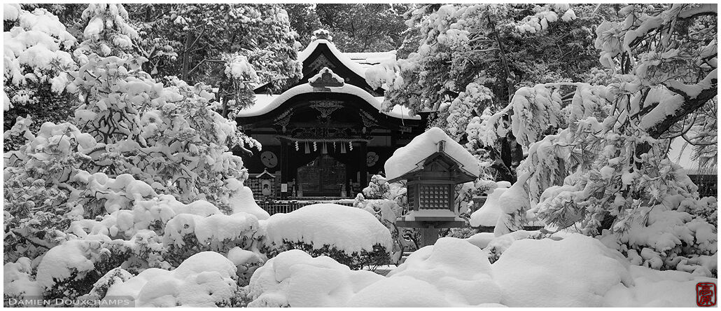Thick snow cover on Okasaki shrine, Kyoto, Japan