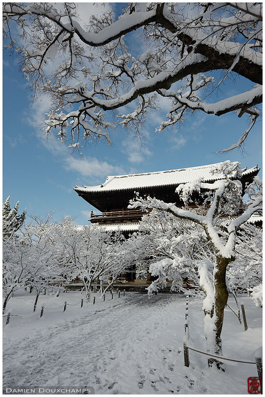 The snow-covered grounds of Nanzen-ji temple and its front gate, Kyoto, Japan