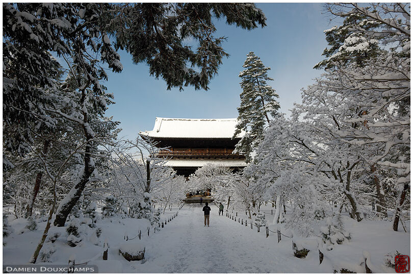 Nanzen-ji temple main gate and front maple garden after winter snow fall, Kyoto, Japan
