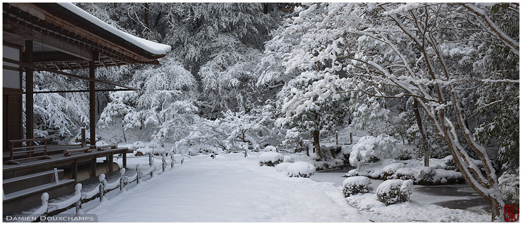 Snow covered garden of Nanzen-in temple, Kyoto, Japan