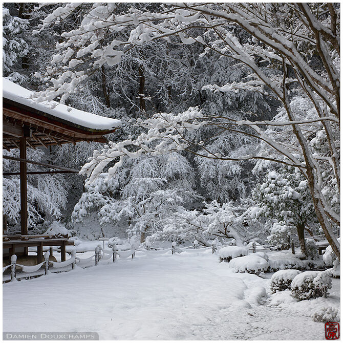 Zen garden completely covered in snow, Nanzen-in temple, Kyoto, Japan
