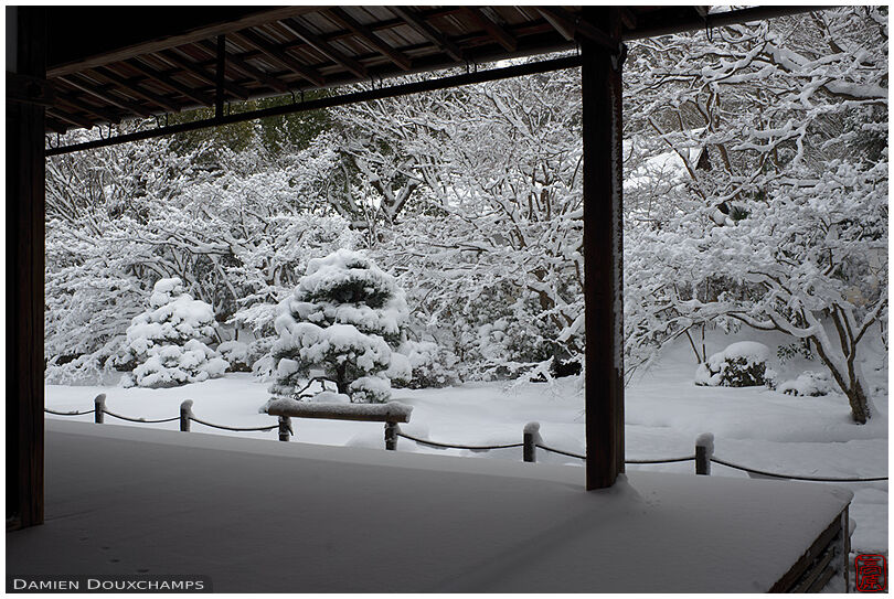 Snow-covered zen garden in Tenju-an temple, Kyoto, Japan