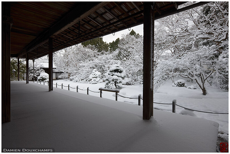 Temple garden and terrace covered by think layer of snow, Tenjuan, Kyoto, Japan
