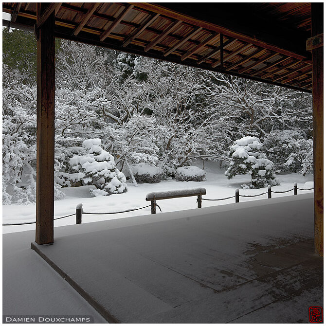 White winter on the terrace and in the garden of Tenju-an temple, Kyoto, Japan
