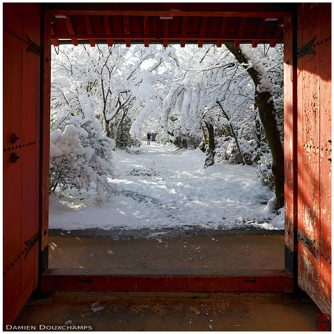The entrance of Josho-ji temple on a very snowy day, Kyoto, Japan