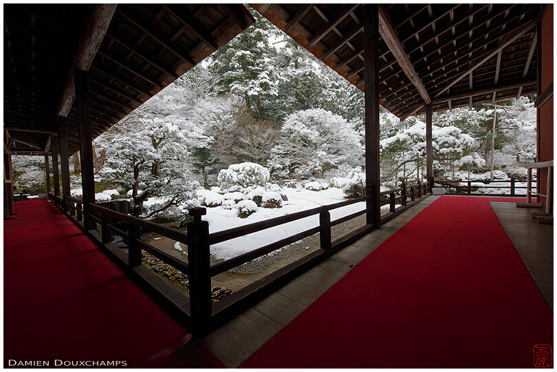 Red carpeted path around snowy zen garden in Manshuin temple, Kyoto, Japan
