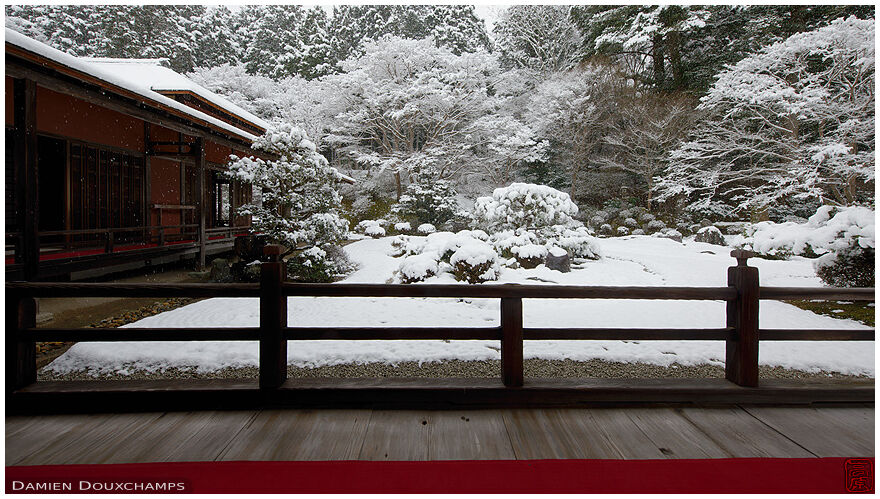 Snow covered Japanese garden in Manshuin temple, Kyoto, Japan