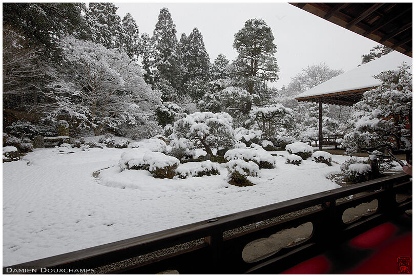 Snow-covered temple garden with a touch of warm red, Manshuin temple, Kyoto, Japan