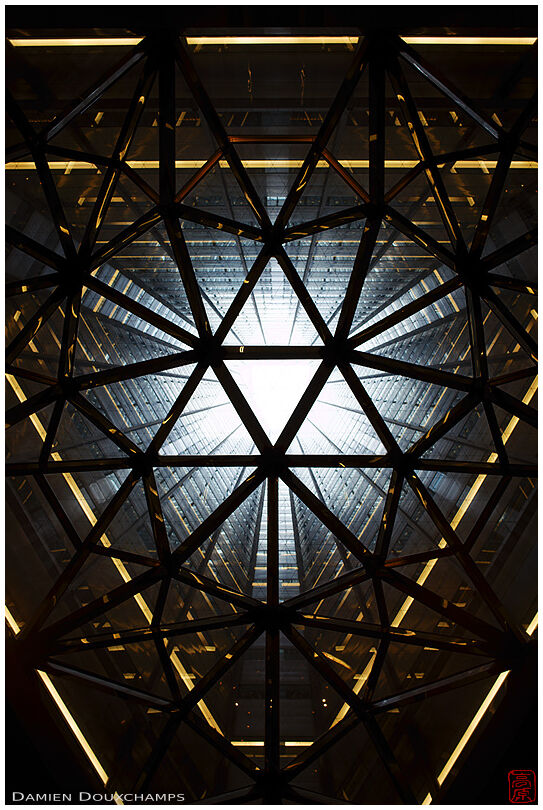 The triangular shaped Sumitomo building and its hollow core in Shinjuku, Tokyo, Japan