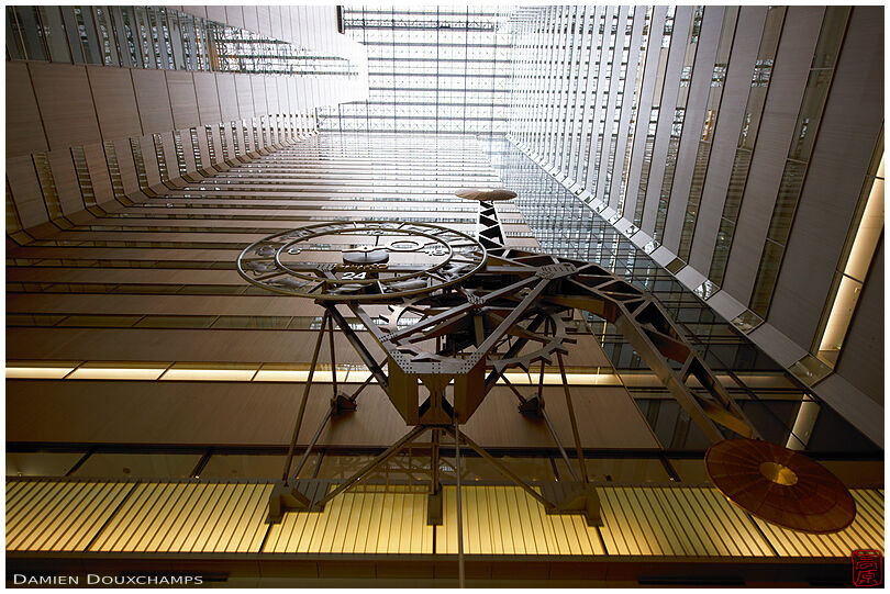 The largest water-operated clock in the world in the atrium of the NS building in Shikoku, Tokyo, Japan
