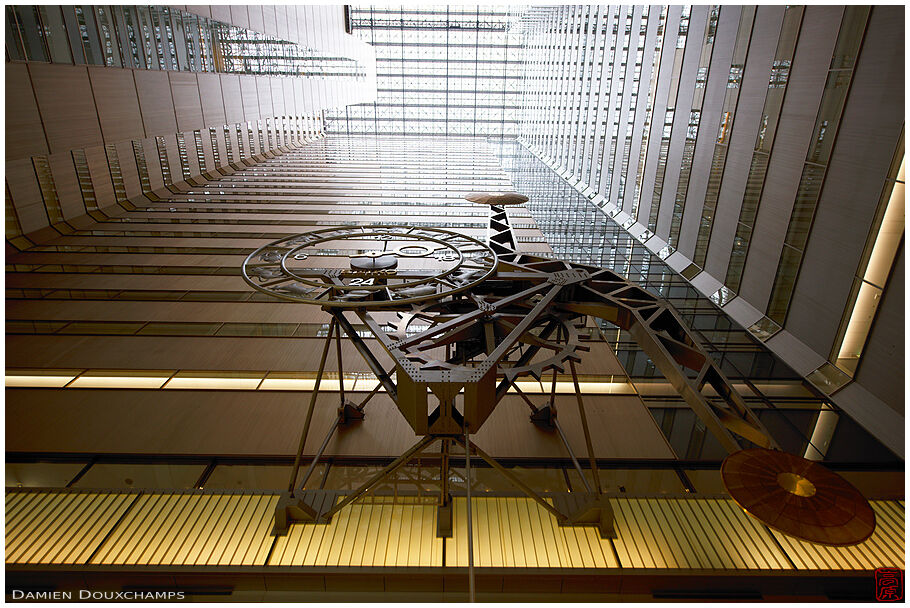 The largest water-operated clock in the world in the atrium of the NS building in Shikoku, Tokyo, Japan