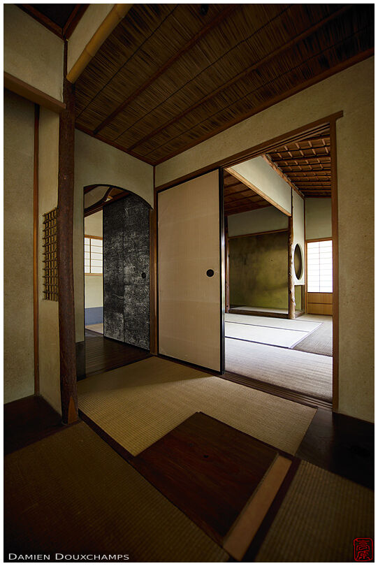 The traditional sukiya architecture of two tea rooms in Shodensanso, Kyoto, Japan