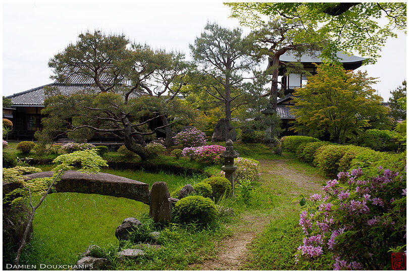 Stone bridge and rhododendrons in the garden of Shoden Sanso, Kyoto, Japan