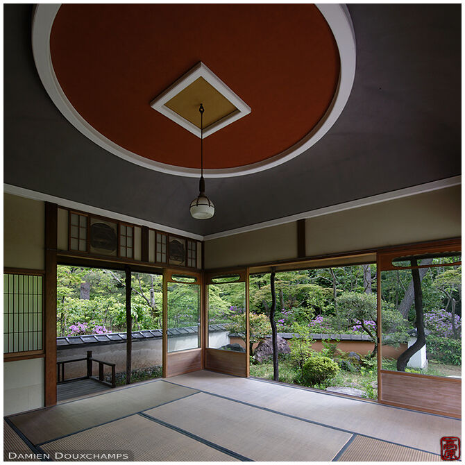 Circles and squares on the ceiling of a tea room in Shodensanso, Kyoto, Japan