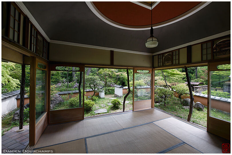 Tea room with decorated ceiling in Shodensan-so, Kyoto, Japan