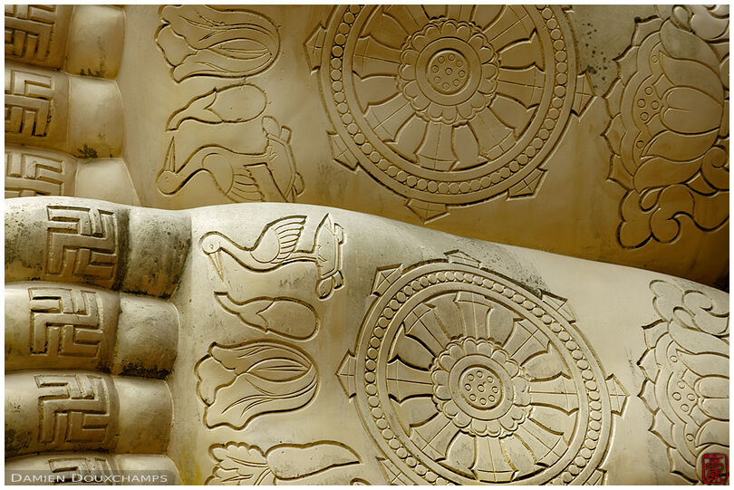 Detail of large Buddha statue feet engravings, Shippo-ji temple, Osaka, Japan
