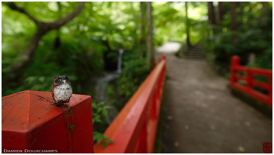 Little owl guarding the entrance bridge to Jinzo-ji temple, Kyoto, Japan
