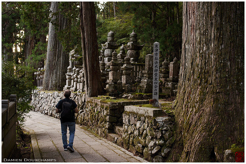 Man walking the main path in the Okunoin forest cemetery of Koyasan, Wakayama, Japan