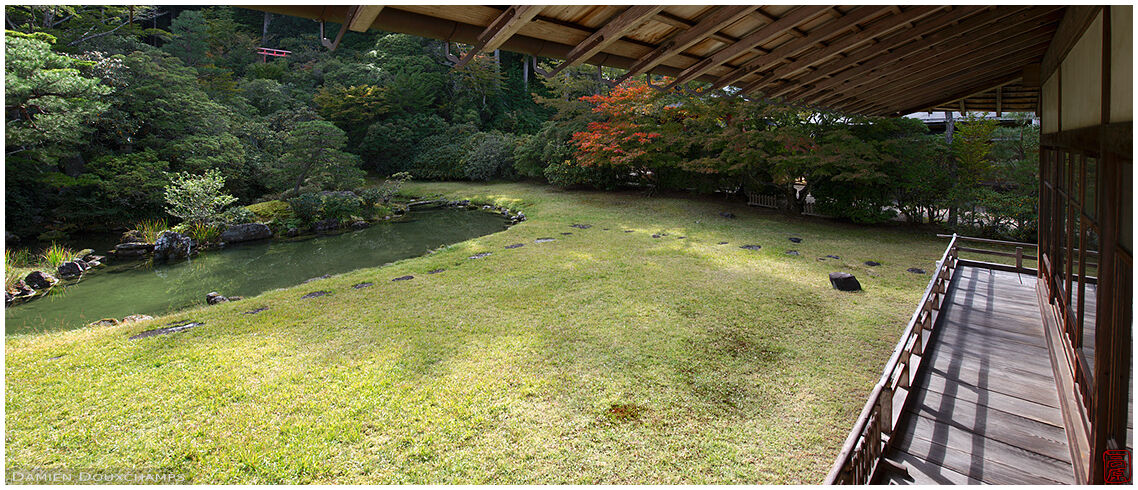 Balcony on grass garden in Tentoku-in temple, Koyasan, Japan