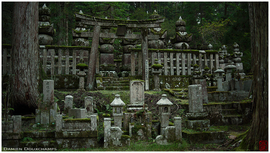 A complex of moss-covered tombs in the Okunoin forest cemetery of Koyasan, Wakayama, Japan