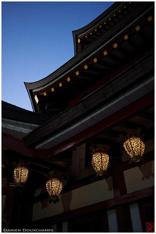 Lanterns and blue sky during blue hour in Jofuku-ji temple, Koya-san, Japan