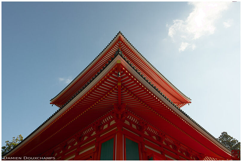 Bright orange roof lines of Danjogaran large pagoda, Koya-san, Japan