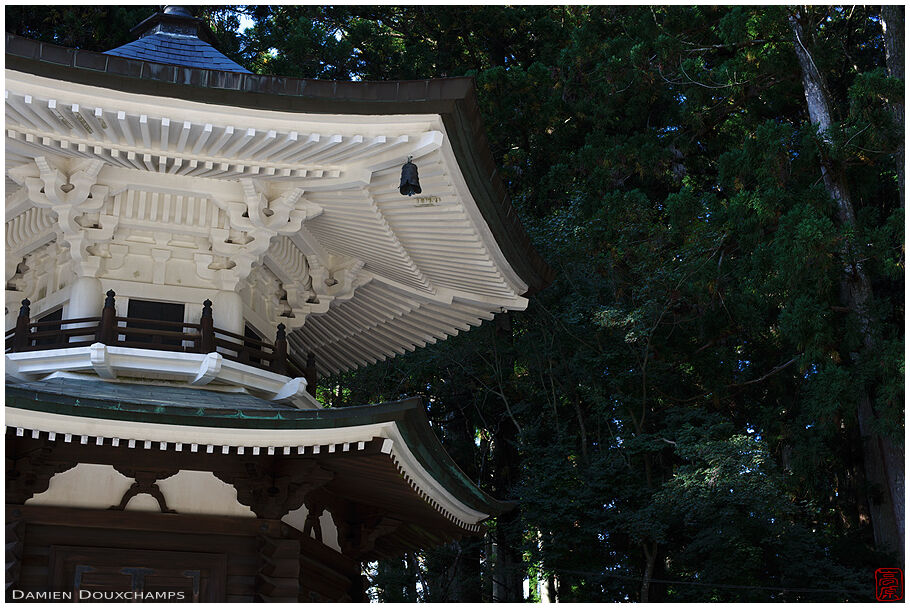 A rare white pagoda in the Danjogaran temple complex, Koya-san, Japan